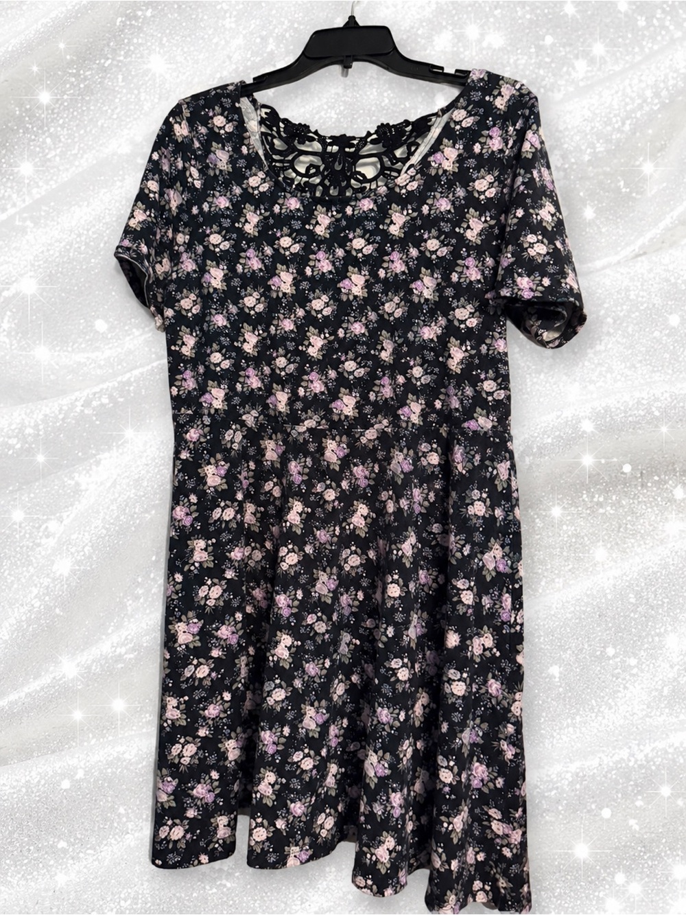 Black Floral Swing Dress with Lace Back